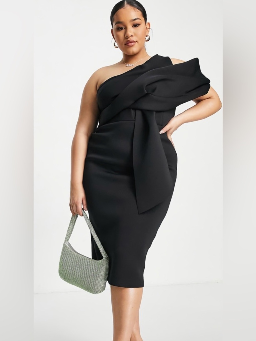 One-Shoulder Black Cocktail Dress with Draped Bow Detail